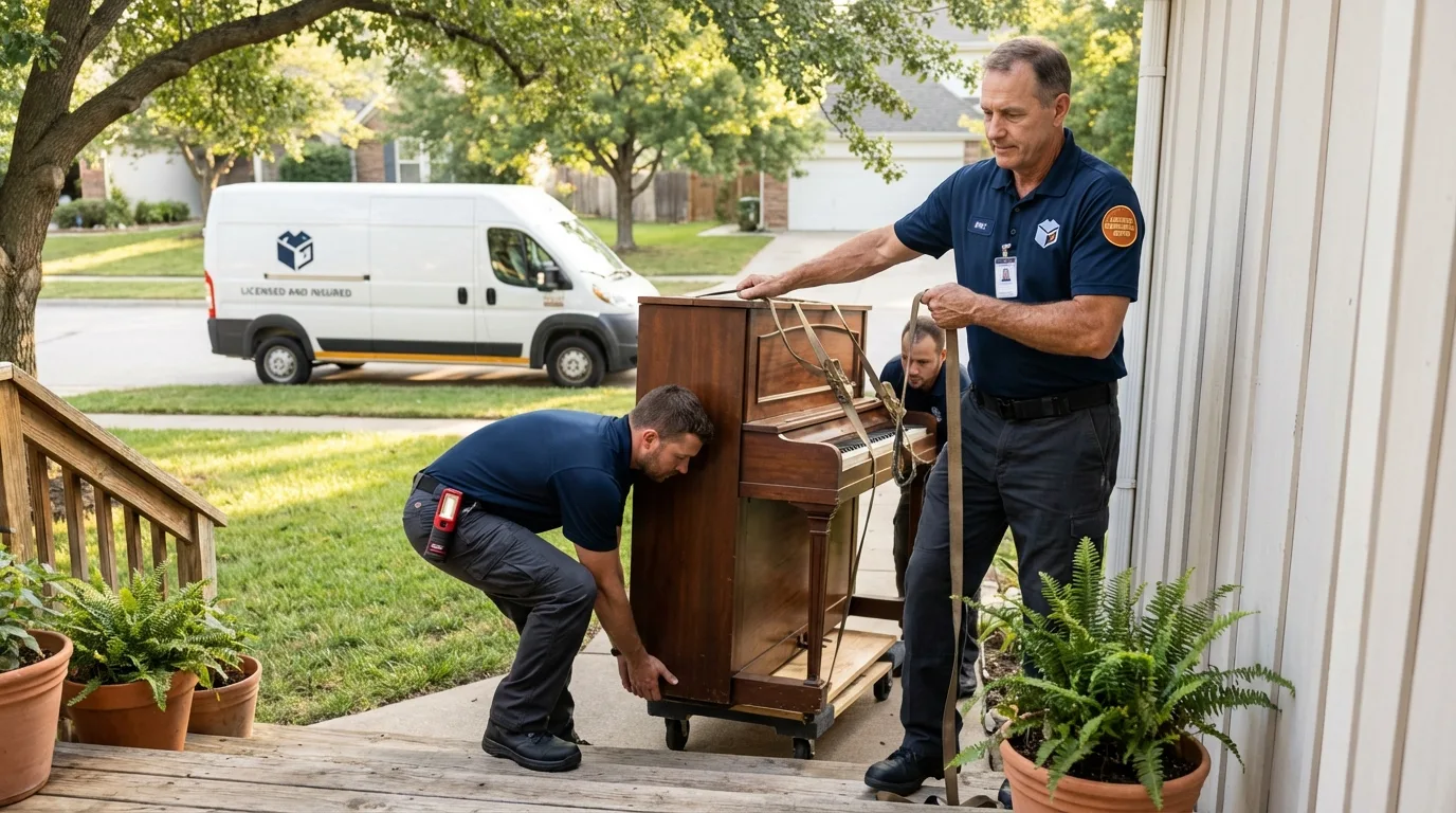 Licensed piano movers securing grand piano in Sterling, IL
