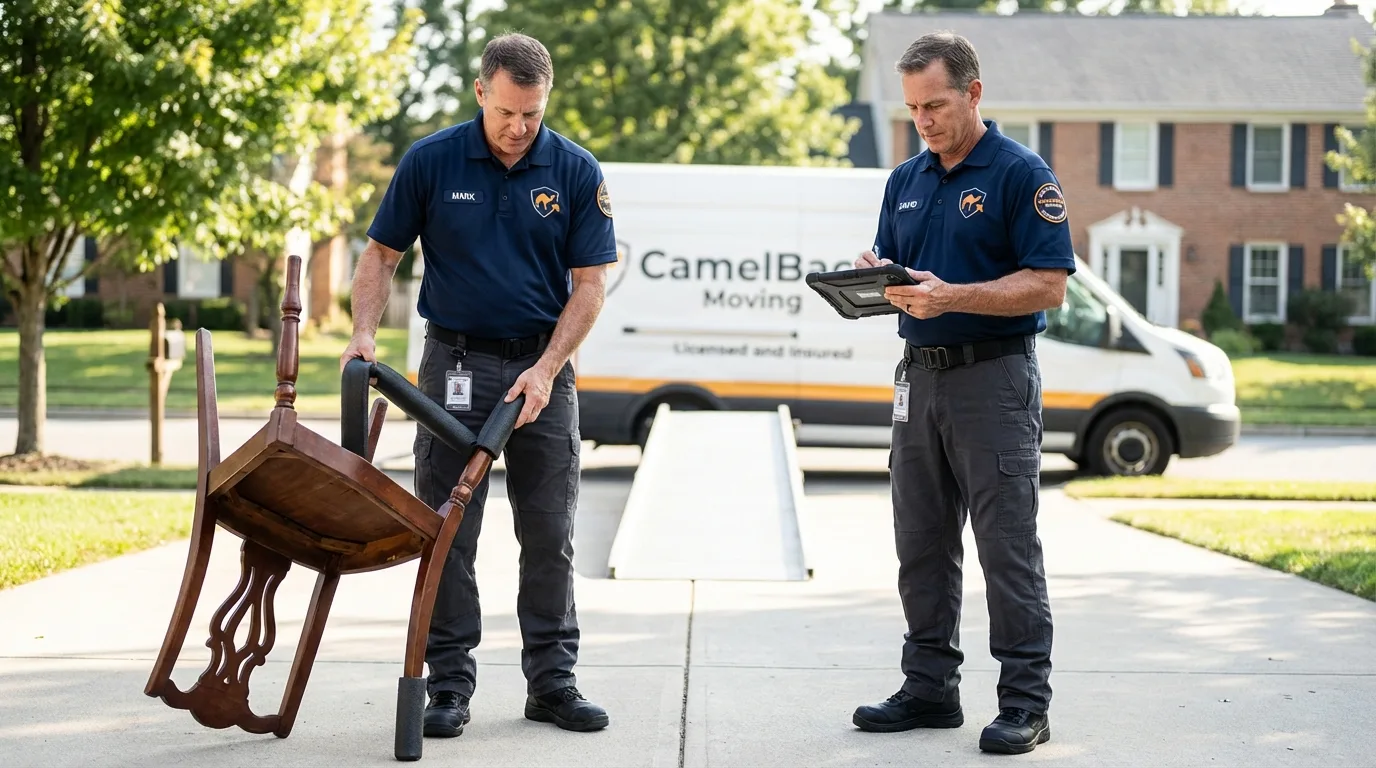 Movers inspecting furniture for damage prevention before loading in Sterling, IL